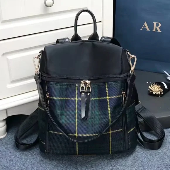 Classic Plaid Print Vegan Leather zip up Medium size Back Pack display picture 3